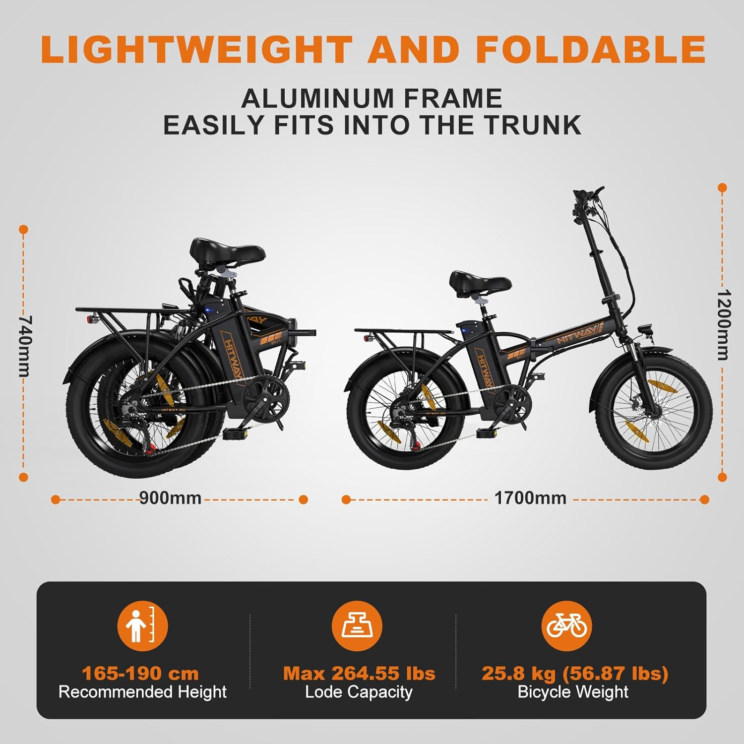 Składane rowery elektryczne w kolorze czarnym i pomarańczowym, wymiary i specyfikacje są pokazane.