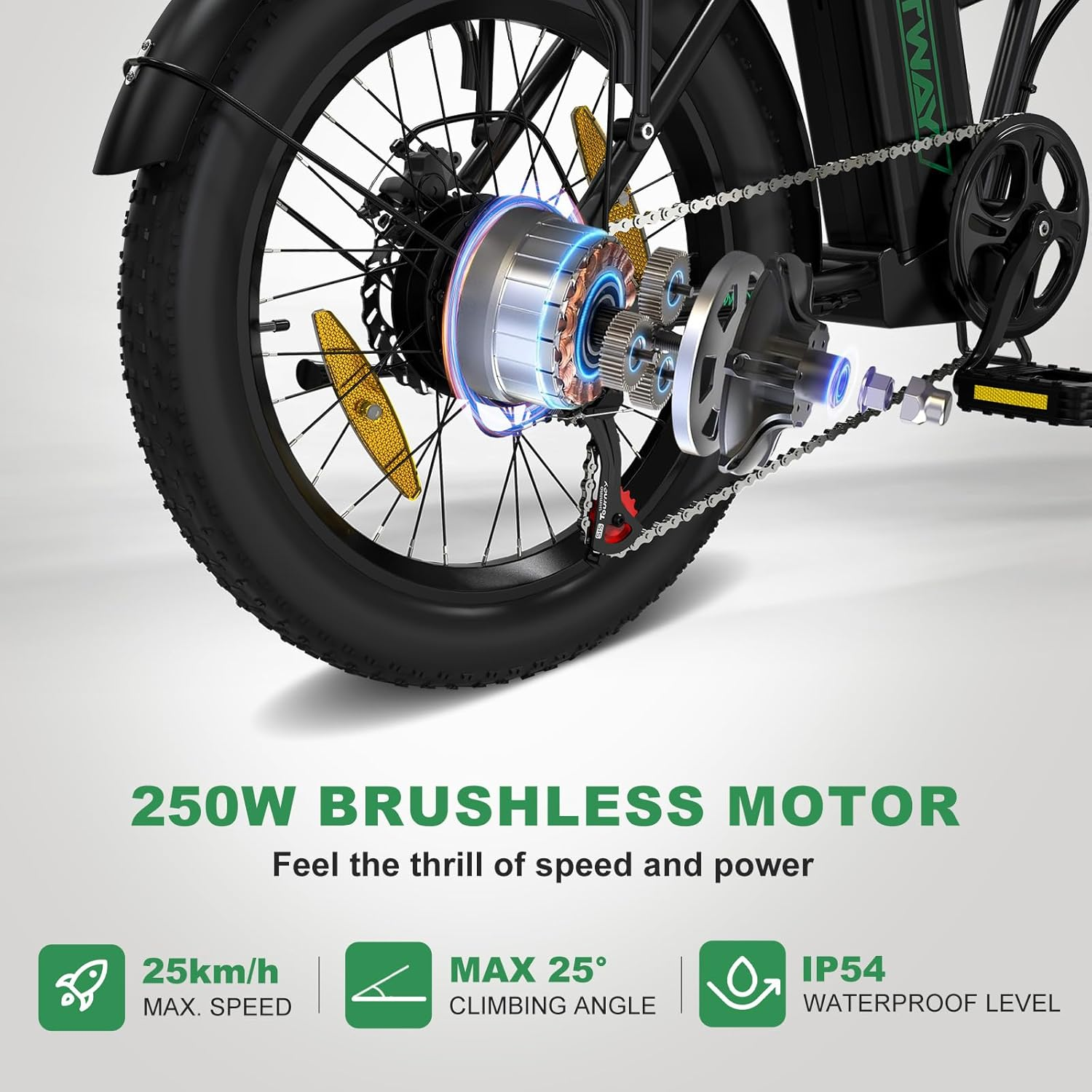 Rower elektryczny pokazuje tylne koło, silnik, koła zębate i łańcuch. Tekst wskazuje prędkość, kąt wznoszenia i poziom wodoodporności.