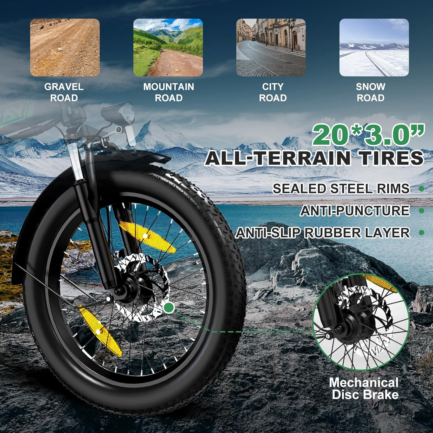 Zbliżenie koła roweru z oponami terenowymi. Rower znajduje się na tle gór.