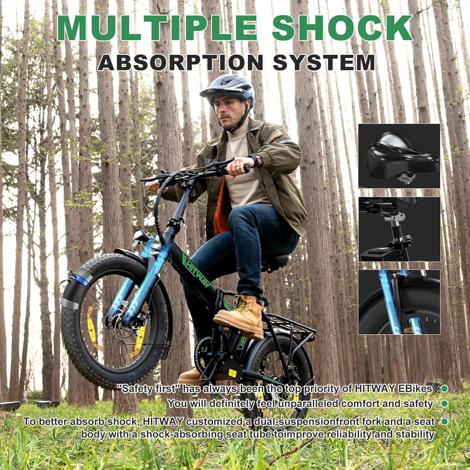 Mężczyzna jadący niebiesko-czarnym rowerem elektrycznym w lesie, z tekstem.