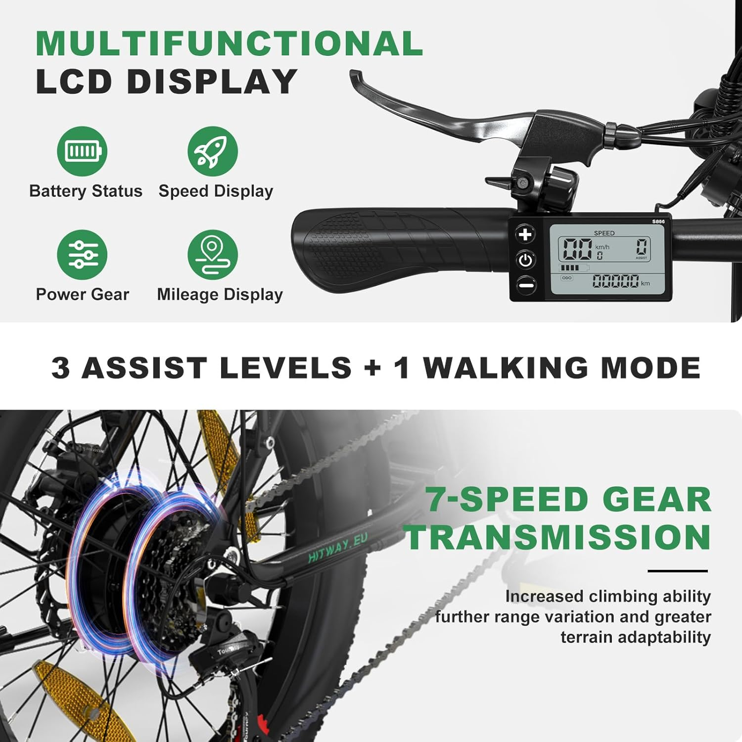 Rower elektryczny z wielofunkcyjnym wyświetlaczem LCD, biegami i 7-biegową skrzynią biegów.