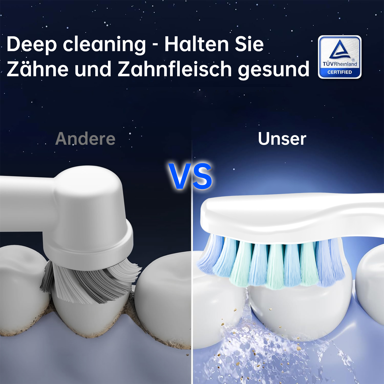 Zwei Zahnbürsten, eine mit grauen Borsten und eine mit blau-grünen Borsten. Sie putzen Zähne.