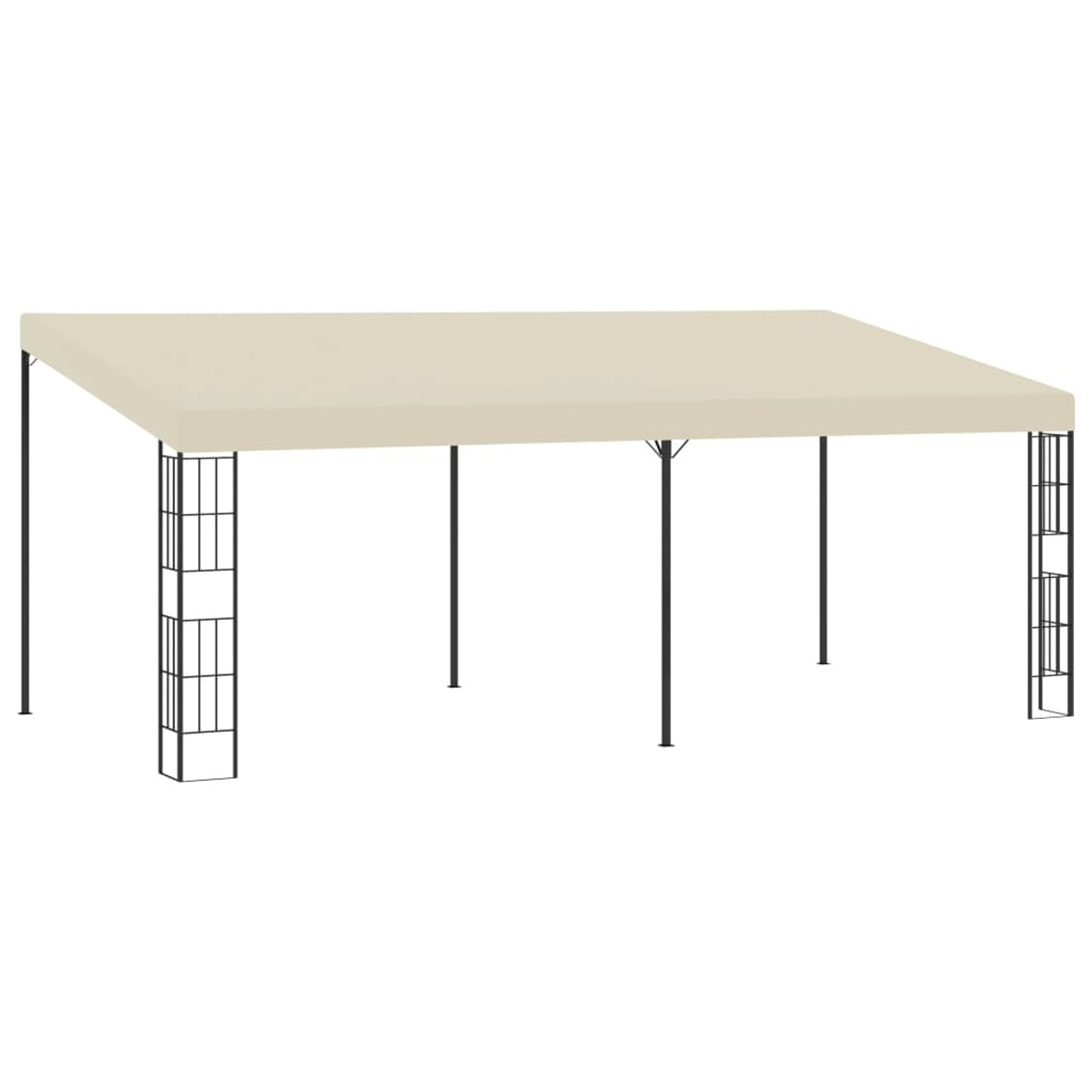 Un gazebo beige con struttura in metallo nero su sfondo bianco.