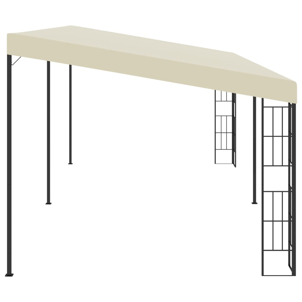 Una tenda da sole beige sostenuta da telai in metallo nero, che formano un rifugio rettangolare all'aperto.