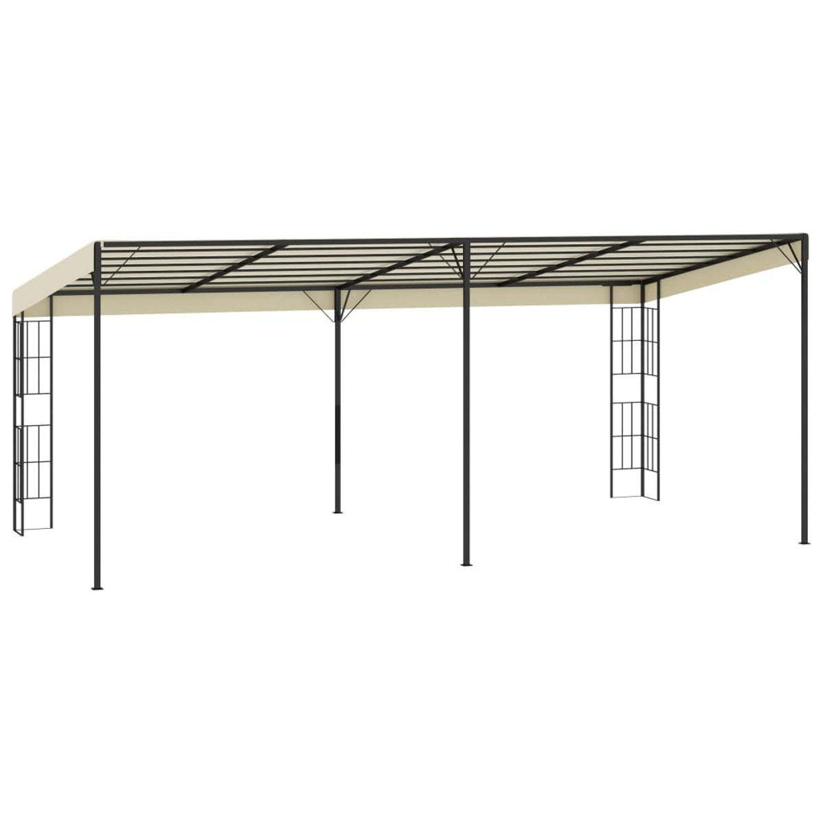 Una struttura per pergola beige e nera di forma rettangolare. Ha dei pali di supporto verticali.