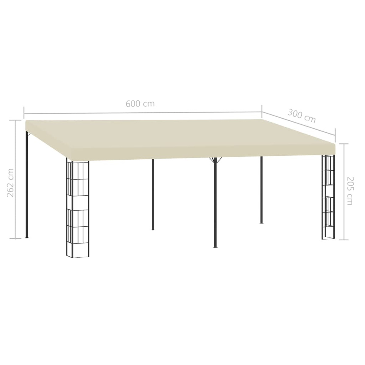 Un grande gazebo rettangolare beige con supporti neri. Le dimensioni sono fornite.