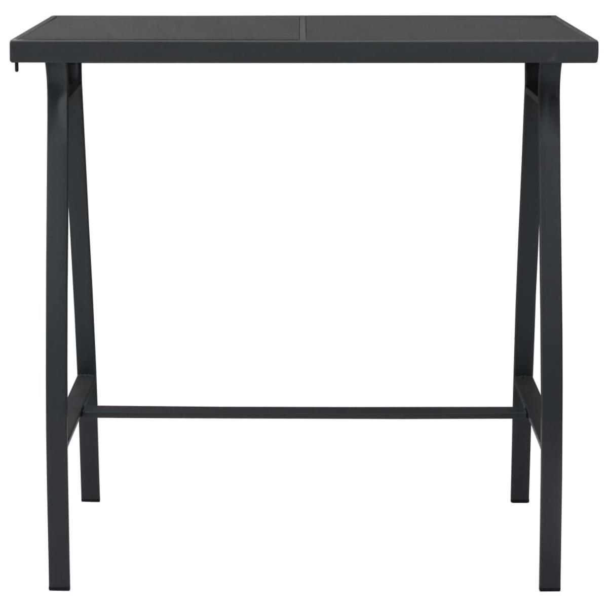Schwarzer Metalltisch mit rechteckiger Platte und vier Beinen, ein minimalistisches Design.