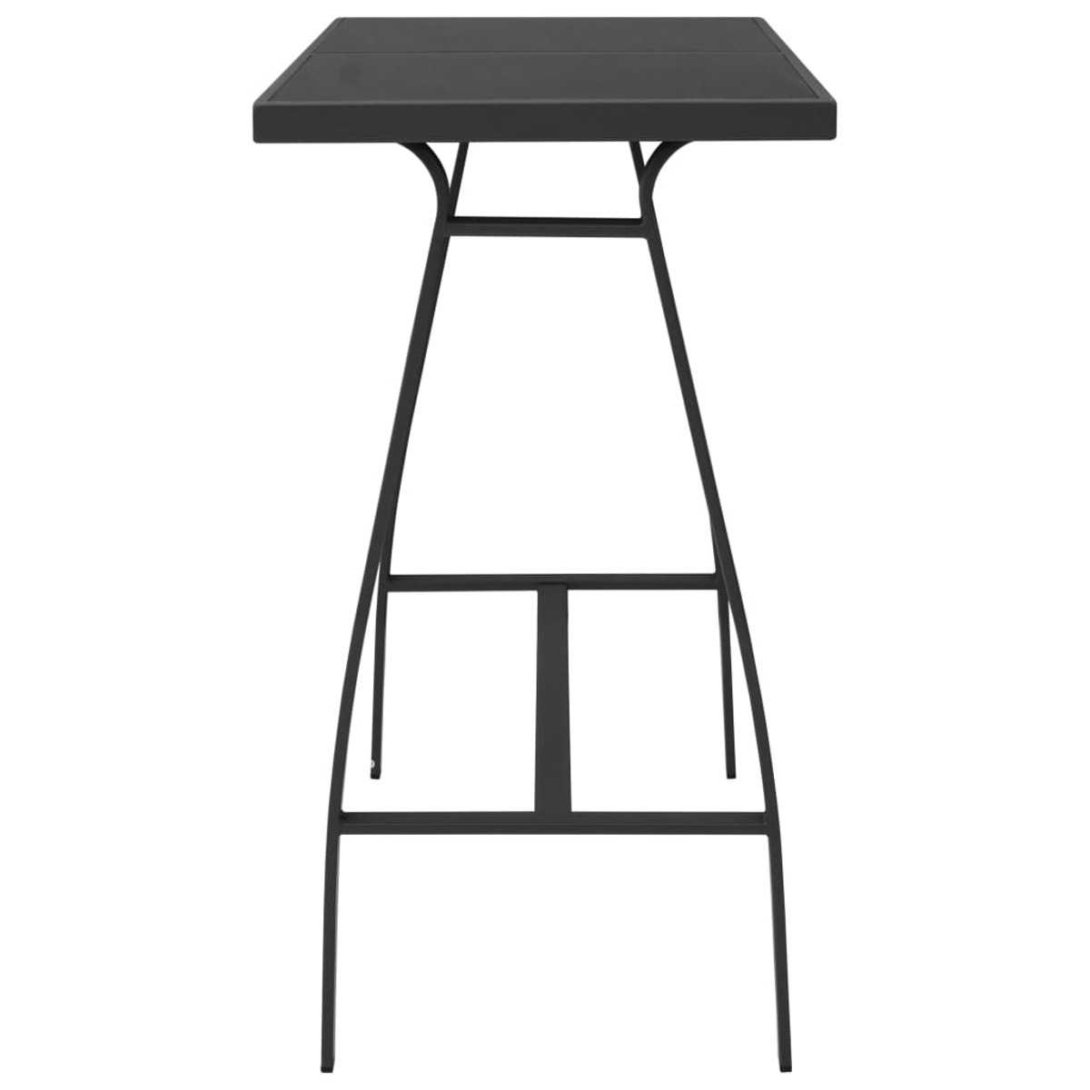 Schwarzer Metall-Bartisch. Quadratische Platte, minimalistisches Design mit vierbeiniger Basis.