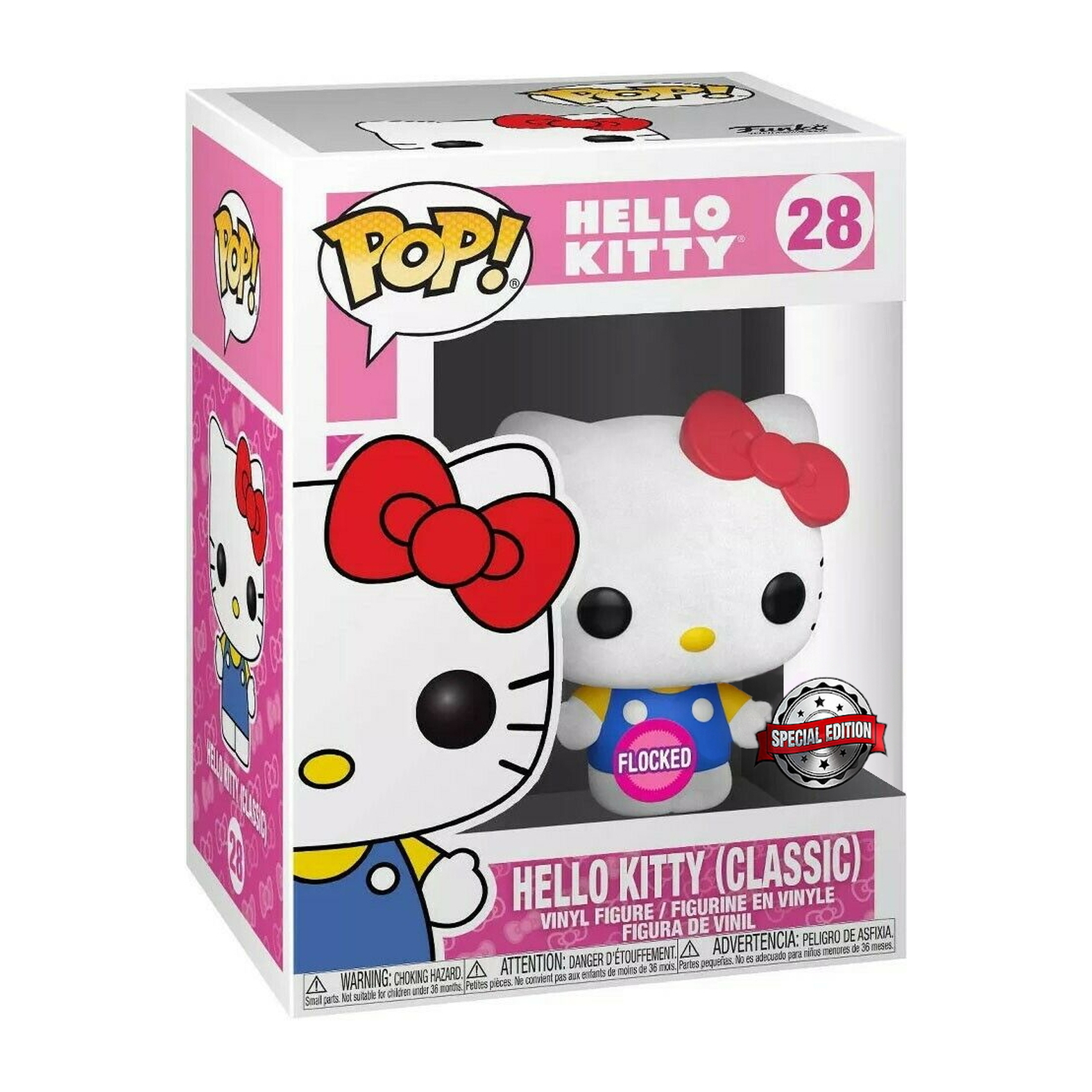Hello Kitty Figur in einer Box. Es ist eine weiße Katze mit roter Schleife und blauem Outfit.