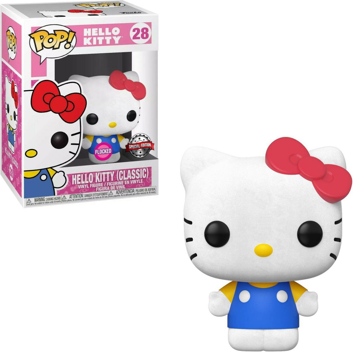 Eine Hello Kitty-Figur wird gezeigt. Sie hat eine rote Schleife, blaue Latzhosen und ist weiß.