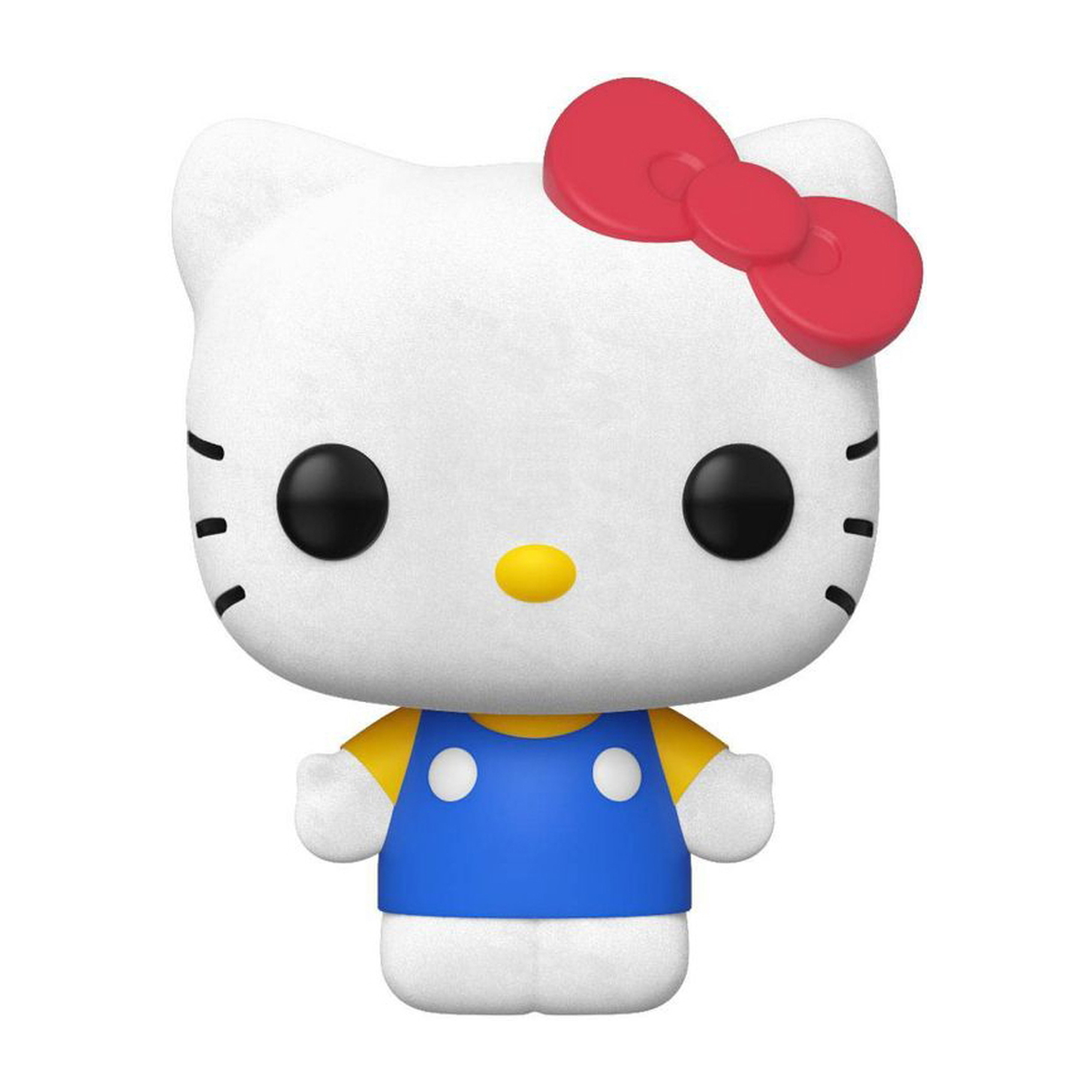 Hello Kitty Figur in blauen Overalls und roter Schleife. Weißer Körper mit schwarzen Augen und Schnurrhaaren.