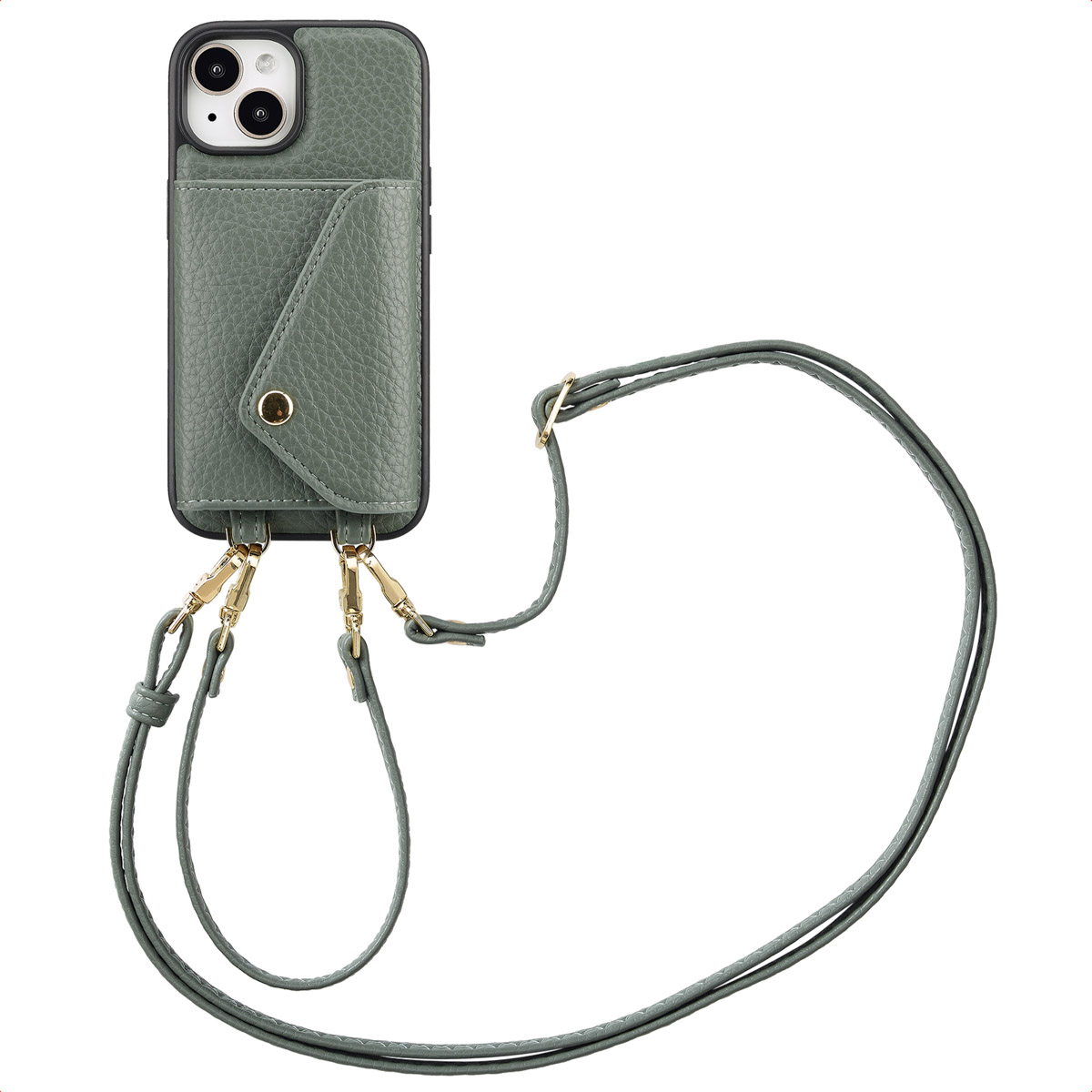 Green phone case with strap. Features a card slot and gold-colored attachments.
