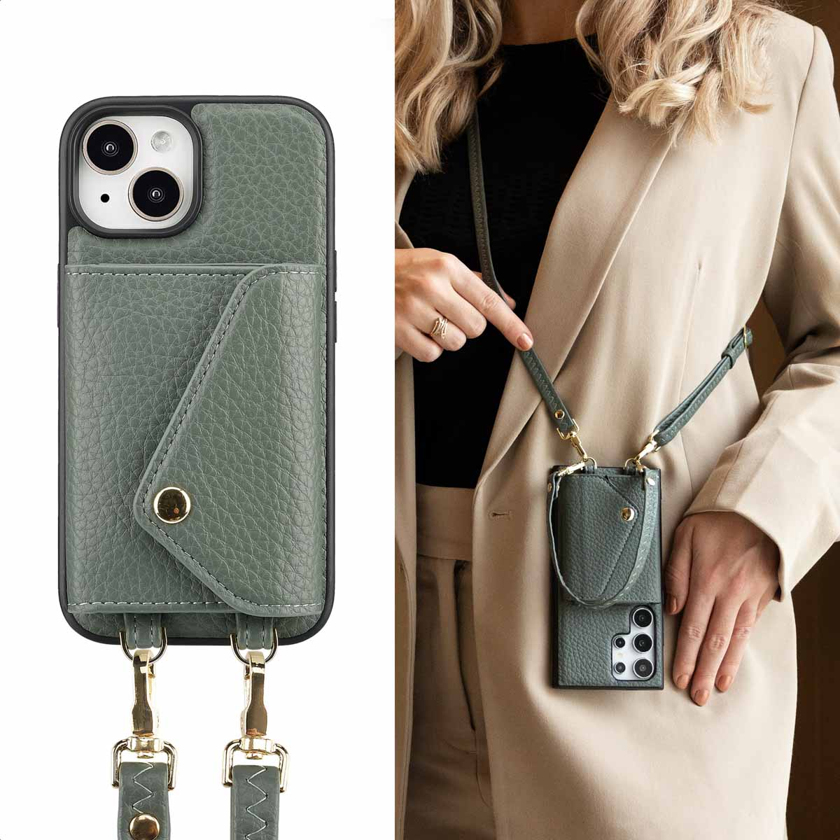 SELENCIA Sera Koordhoes met pashouder envelop geschikt voor iPhone 15 Phone case for Apple iPhone 15 Green