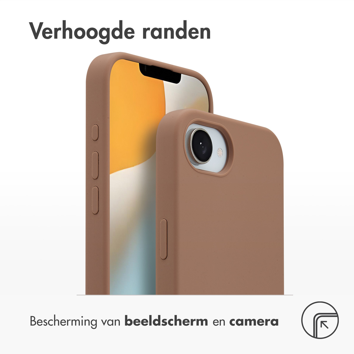 Twee telefoonhoesjes, bruin, met een telefoon erin. De tekst op het scherm en de tekst hierboven worden getoond.
