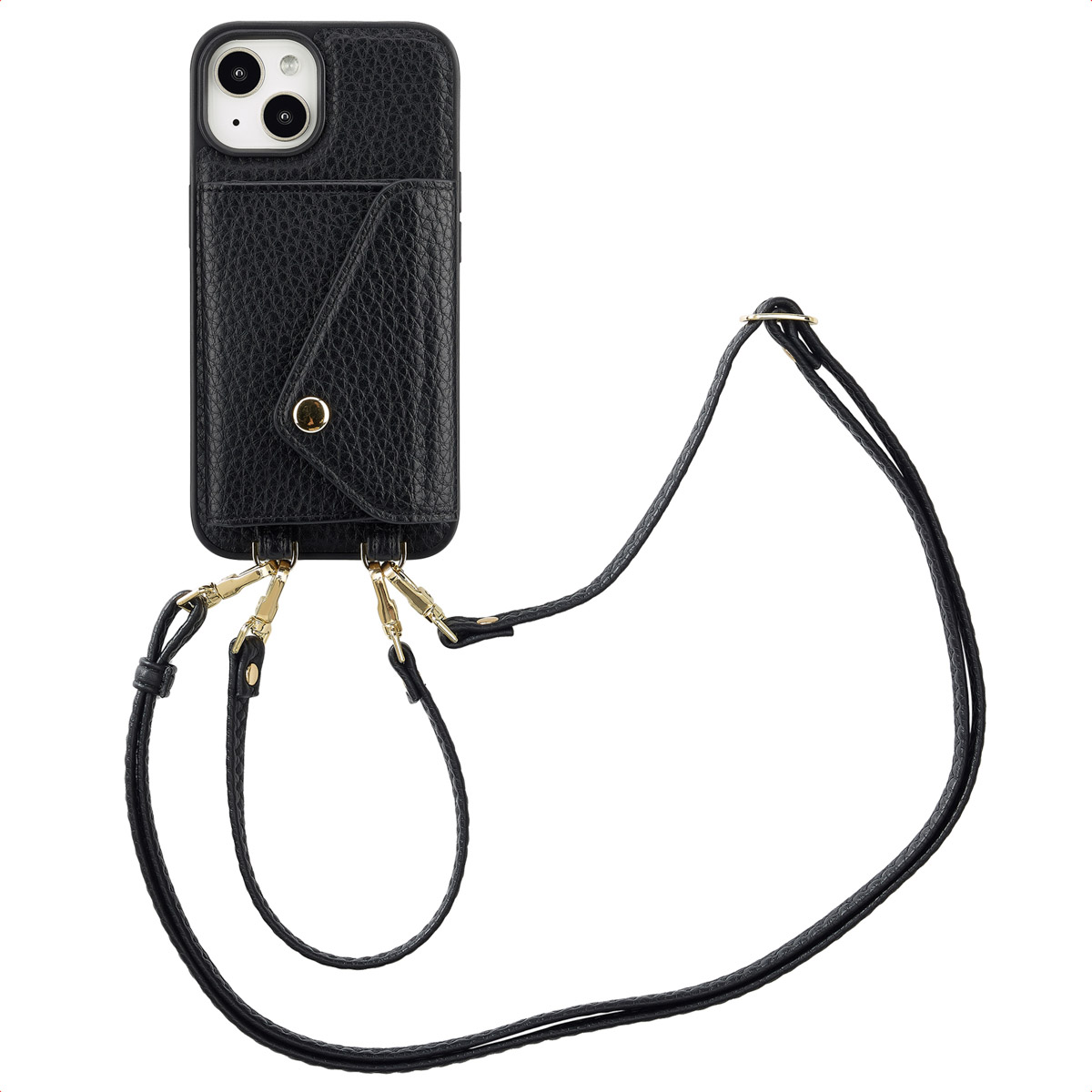 Zwarte telefoonhoes met riem, met een telefoon met meerdere cameralenzen.