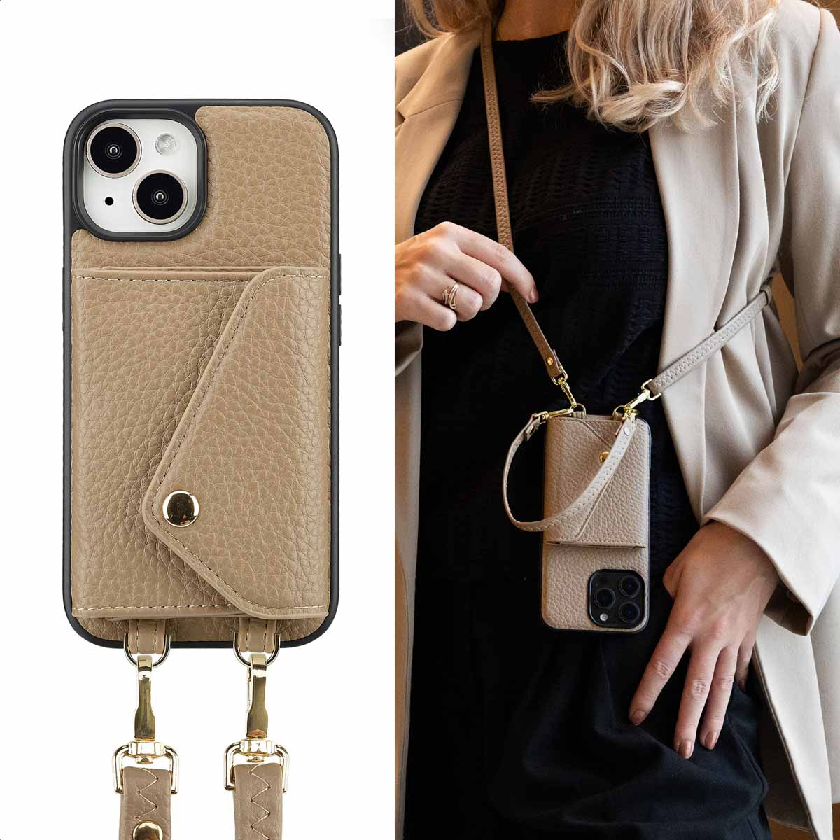 A beige phone case with a pocket and strap, and a woman wearing it over her shoulder.