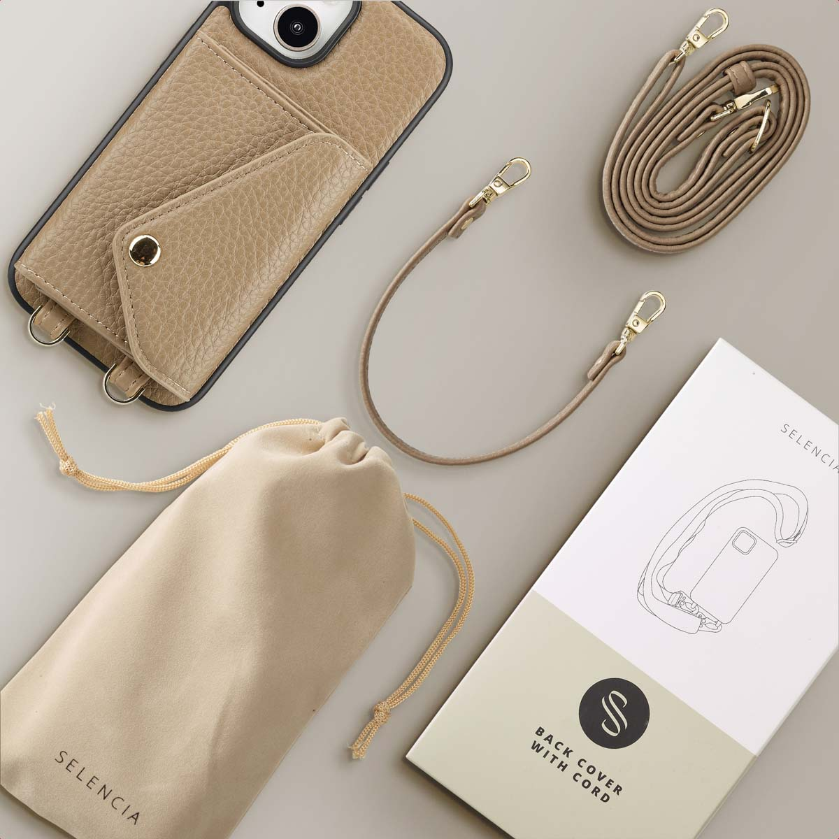 SELENCIA Sera Koordhoes met pashouder envelop geschikt voor iPhone 15 Phone case for Apple iPhone 15 Beige