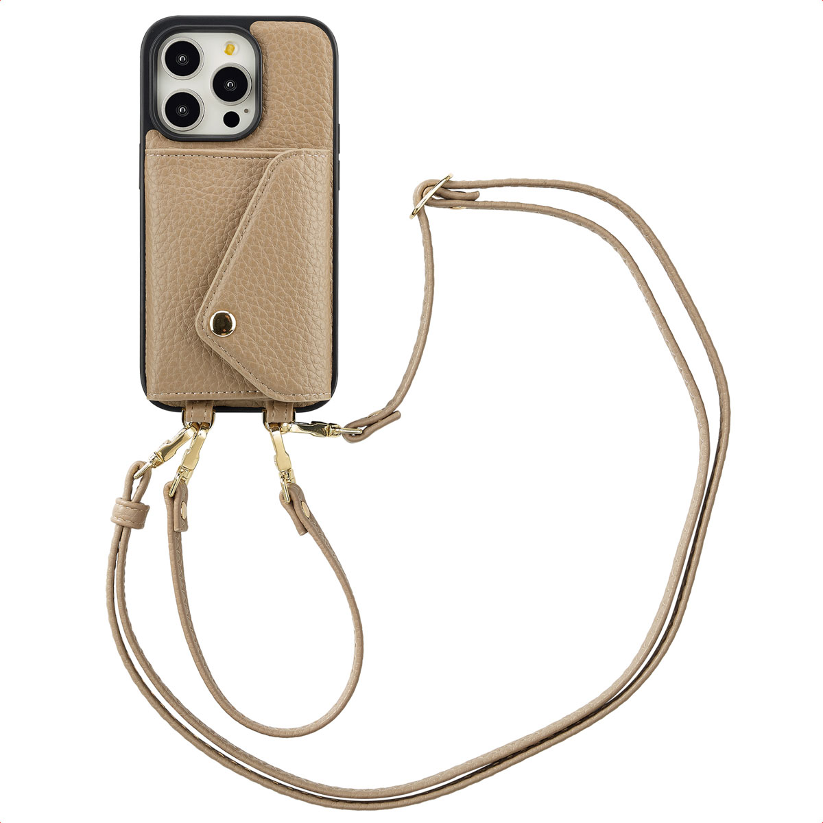 Tan telefoonhoesje met riem. Zwarte telefoonhoes met zwarte riem.