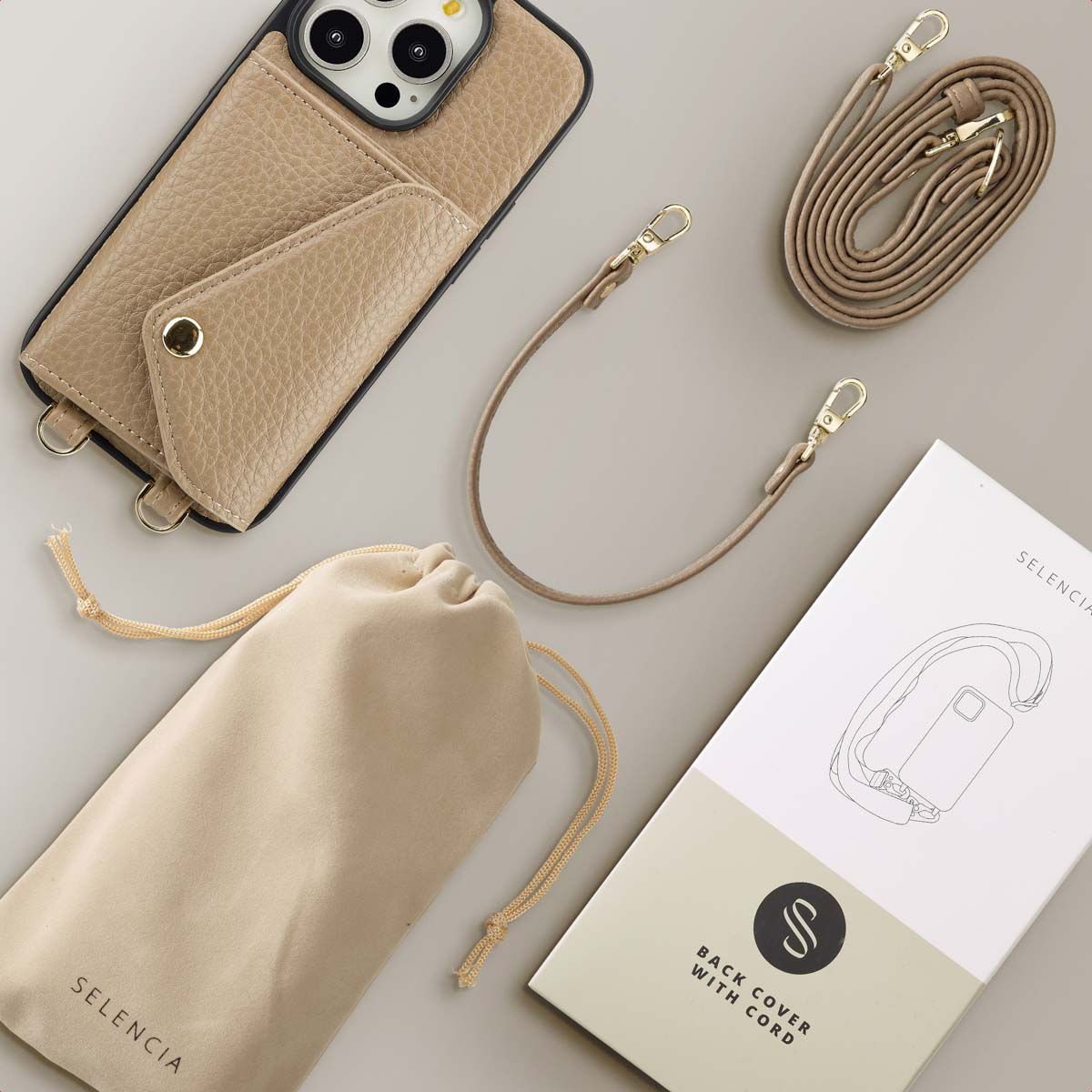 SELENCIA Sera Koordhoes met pashouder envelop - Geschikt voor Apple iPhone 14 Pro - Telefoonhoesje voor Apple iPhone 14 Pro Beige