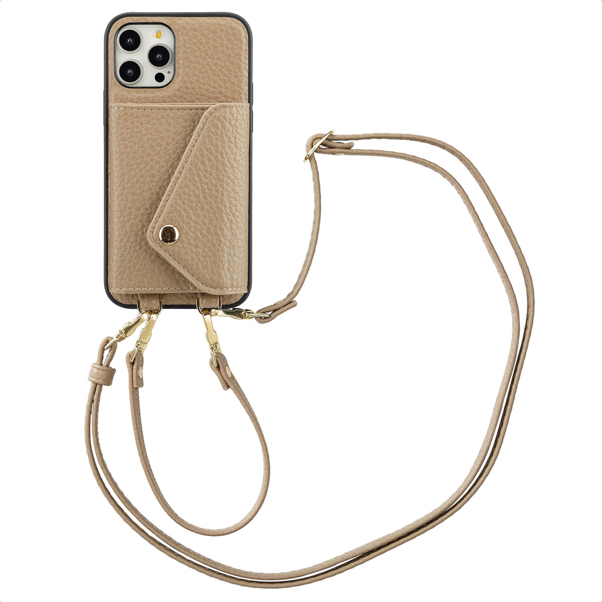 Coque de téléphone avec porte-cartes et sangle. Beige, accessoires dorés.