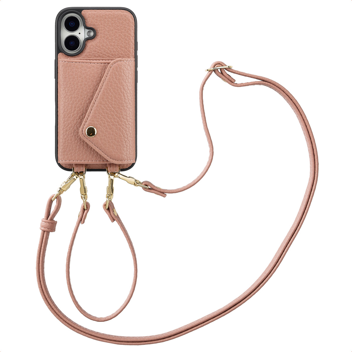 Roze telefoonhoesje met een zakje en een riem. Hoesje heeft een zakje en riemclips.