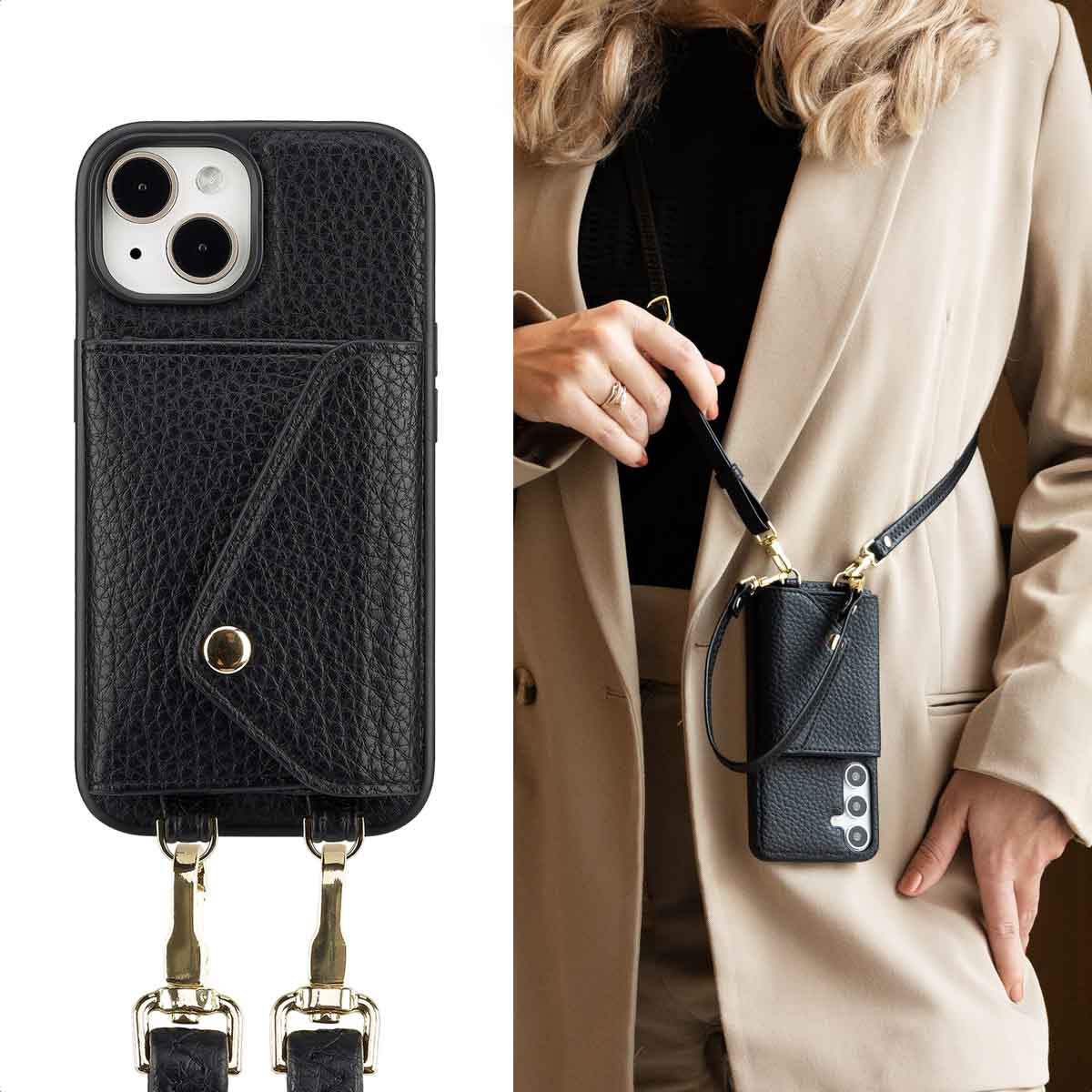 SELENCIA Sera Koordhoes met pashouder envelop geschikt voor iPhone 15 Phone case for Apple iPhone 15 Black