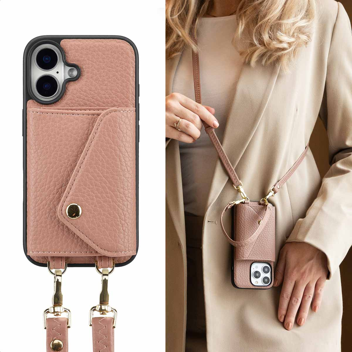 Een roze leren telefoonhoesje met een riem, gedragen door een persoon in een blazer.