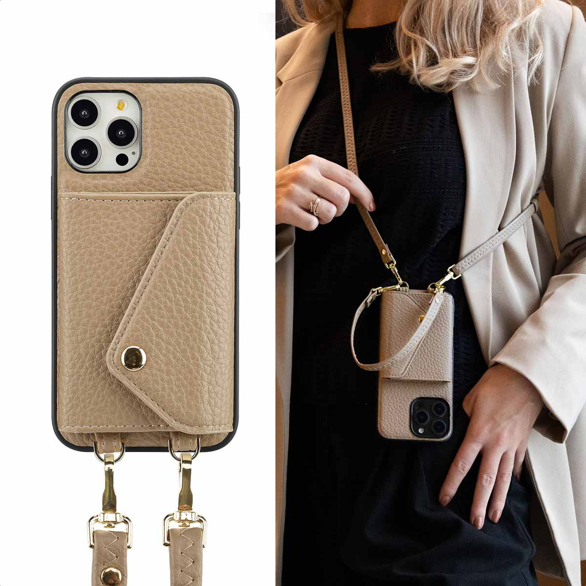 Une femme tient un étui de téléphone beige avec une sangle, un rabat et une poche.