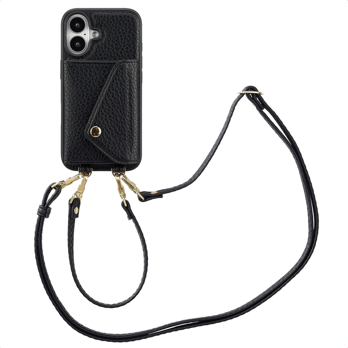 Een zwarte telefoonhoes met een kaartsleuf en een riem op een witte achtergrond.