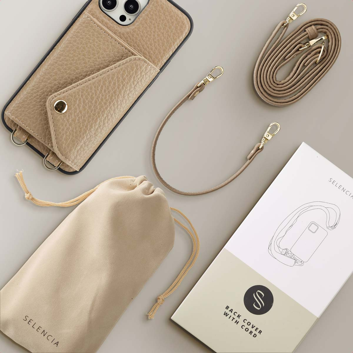 SELENCIA Coque avec lanière compatible avec iPhone 12/ iPhone 12 Pro Étui de Téléphone voor Apple iPhone 12/ iPhone 12 Pro Beige