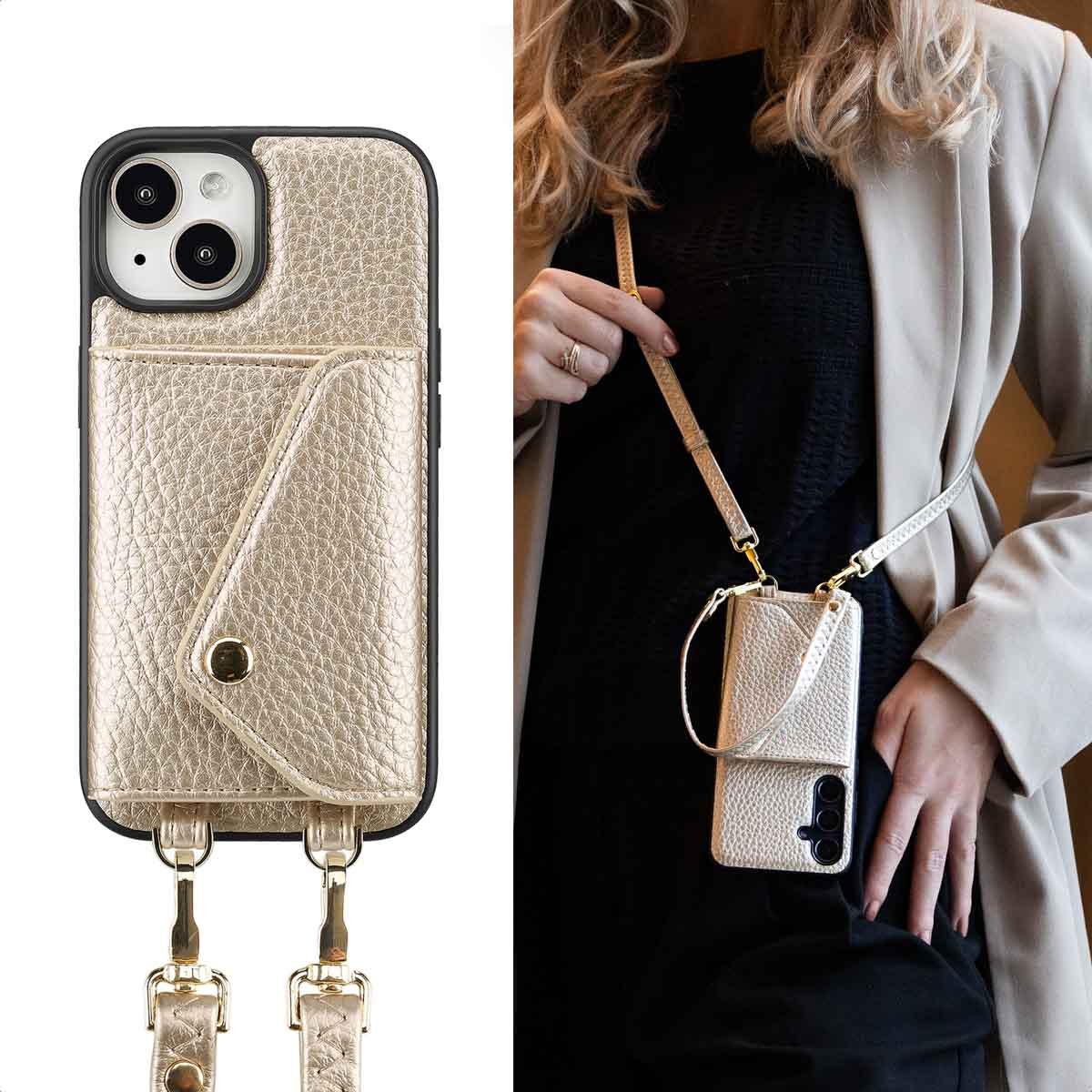 SELENCIA Sera Koordhoes met pashouder envelop geschikt voor iPhone 15 Phone case for Apple iPhone 15 Gold