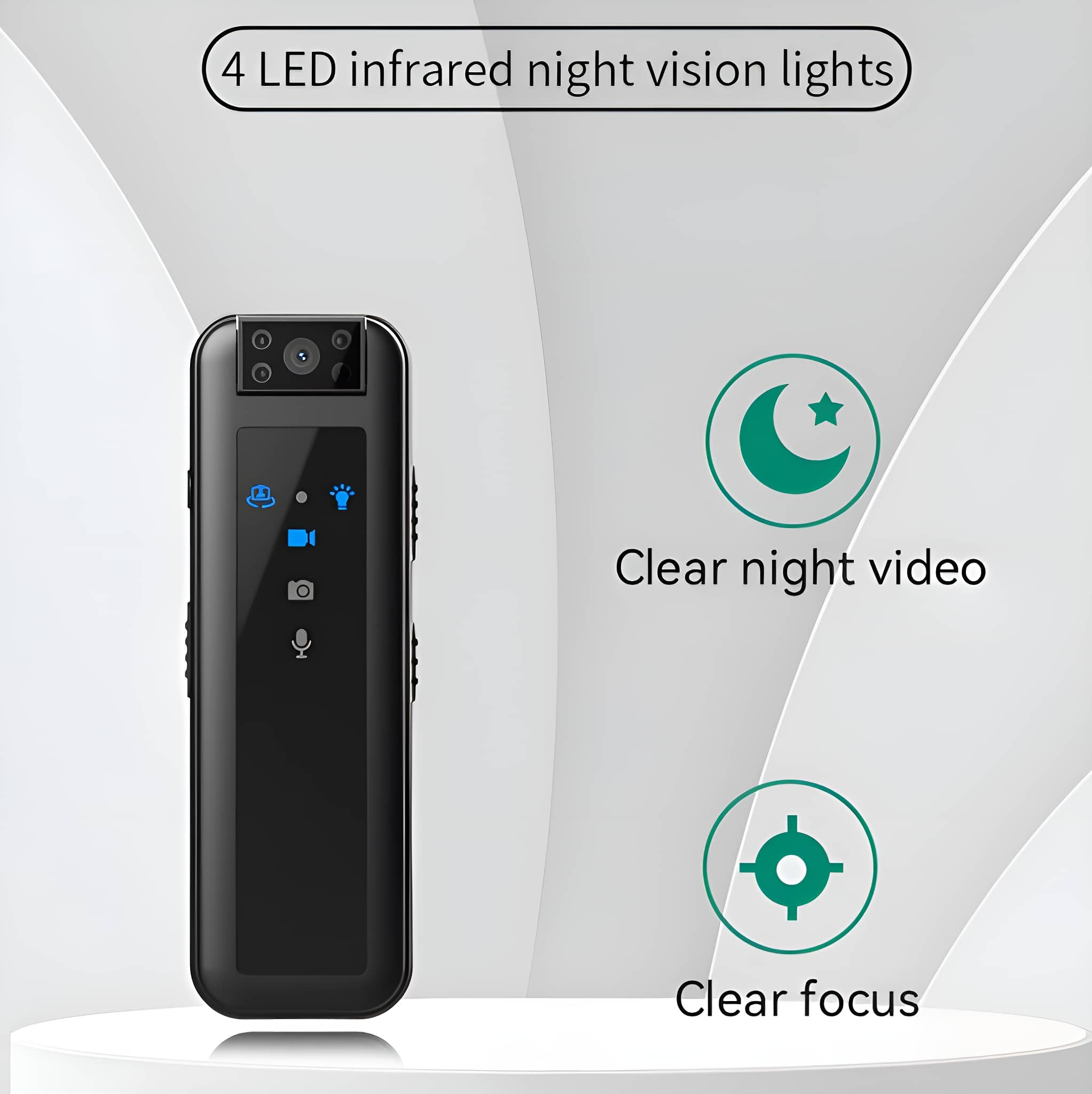 Schwarze, rechteckige Nachtsichtkamera mit Symbolen. Text: klares Nachtvideo, klarer Fokus, 4 LED-Lichter.