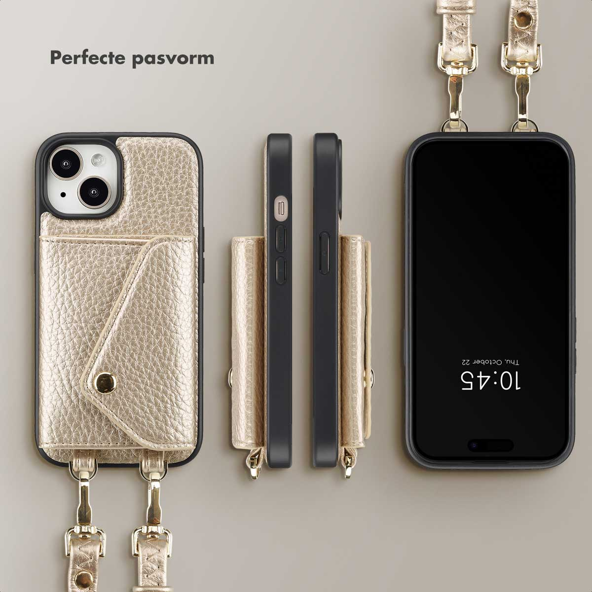 SELENCIA Sera Koordhoes met pashouder envelop geschikt voor iPhone 15 Phone case for Apple iPhone 15 Gold