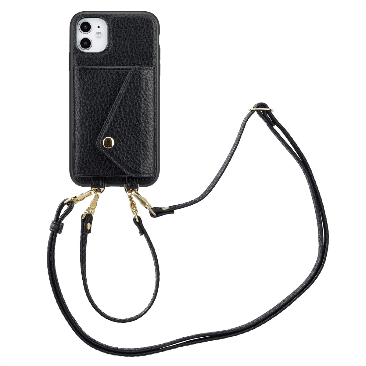 Étui de téléphone noir, avec une sangle noire. L'étui a une petite poche. Fond blanc.