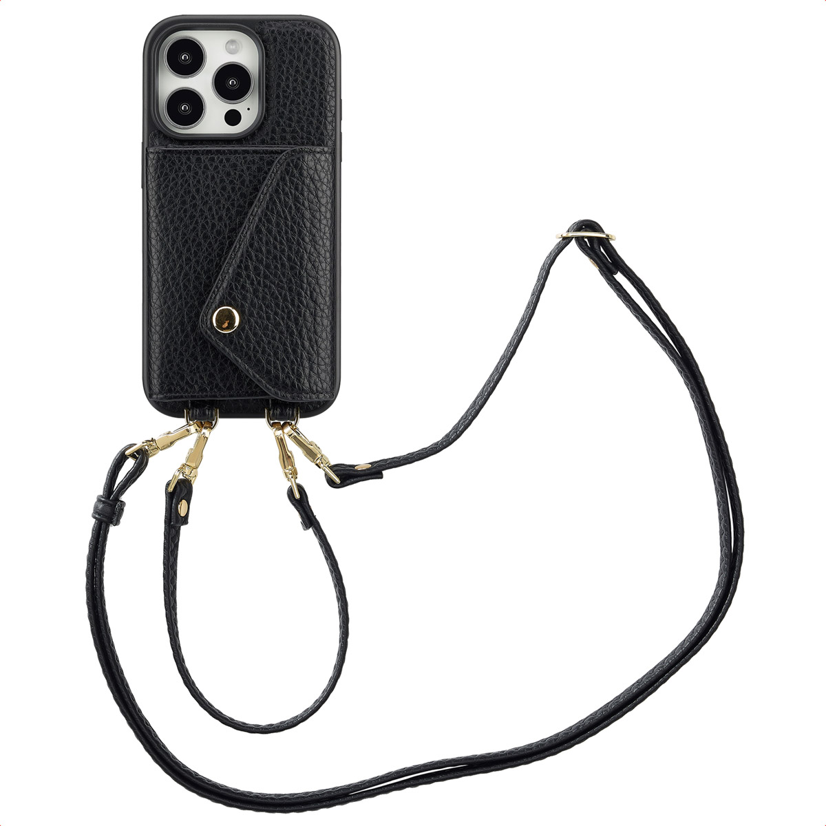 Zwarte leren telefoonhoes met meerdere cameralenzen en een riem om om te dragen.