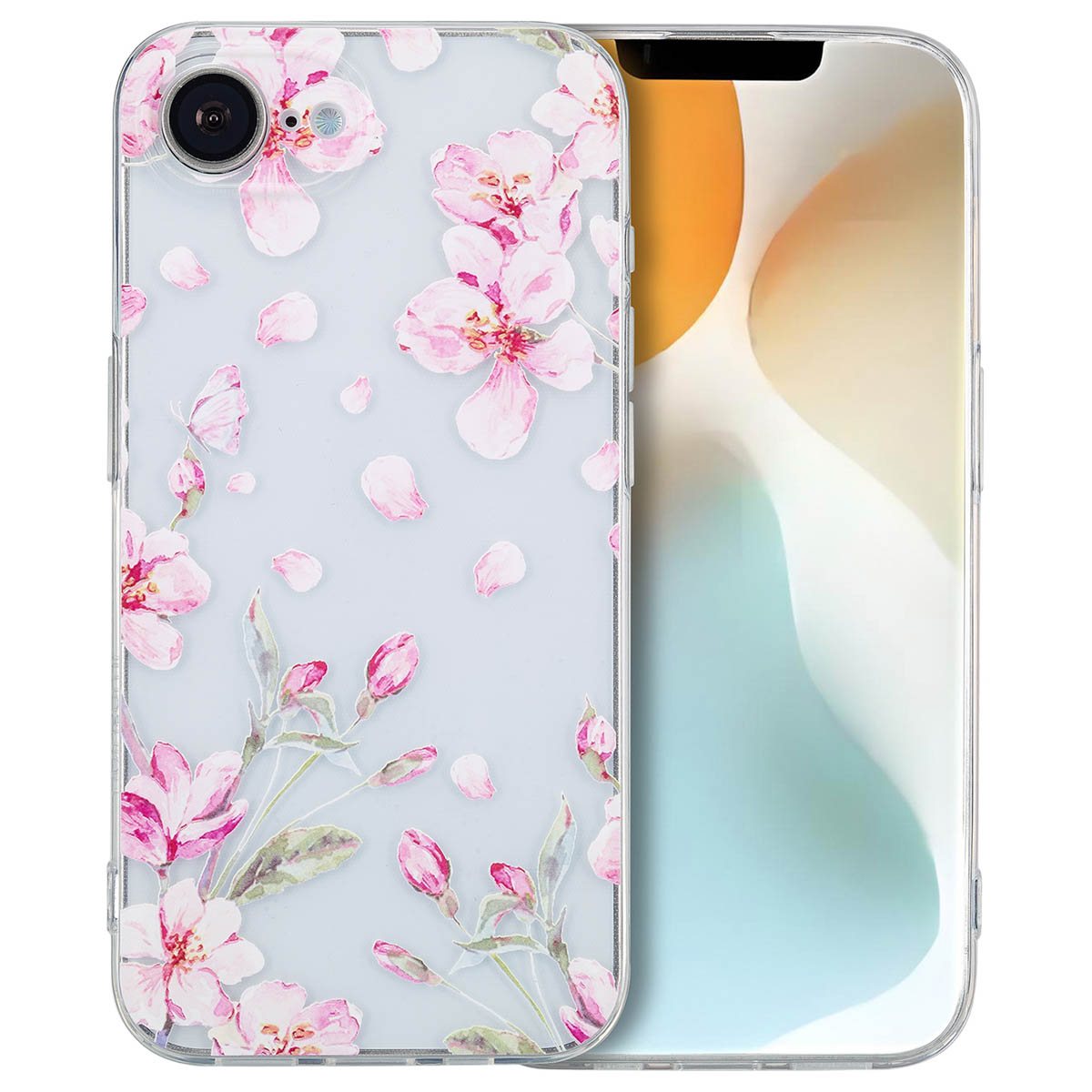 Transparente Handyhülle mit rosa Blumendesign, mit einem Telefon darin, auf weißem Hintergrund.