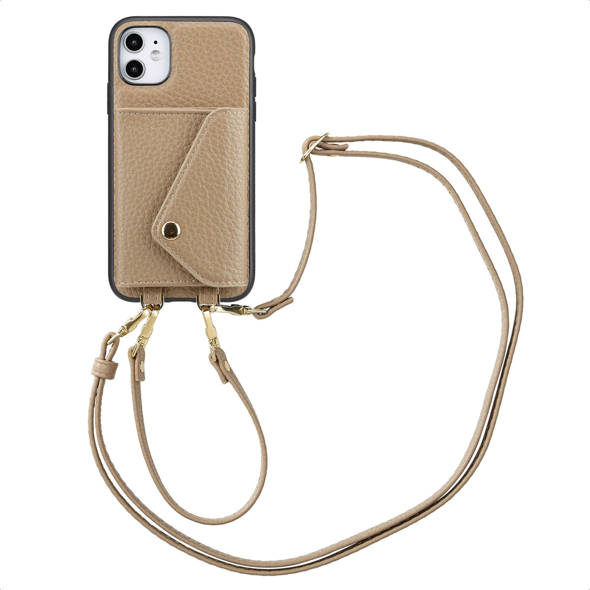 Un étui de téléphone beige avec un porte-cartes et une bandoulière. L'étui de téléphone est sur un fond blanc.