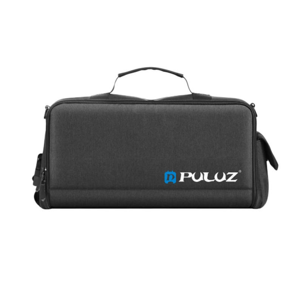 Eine schwarze, geschlossene Tasche der Marke PULUZ mit Griff. Das Logo ist blau.