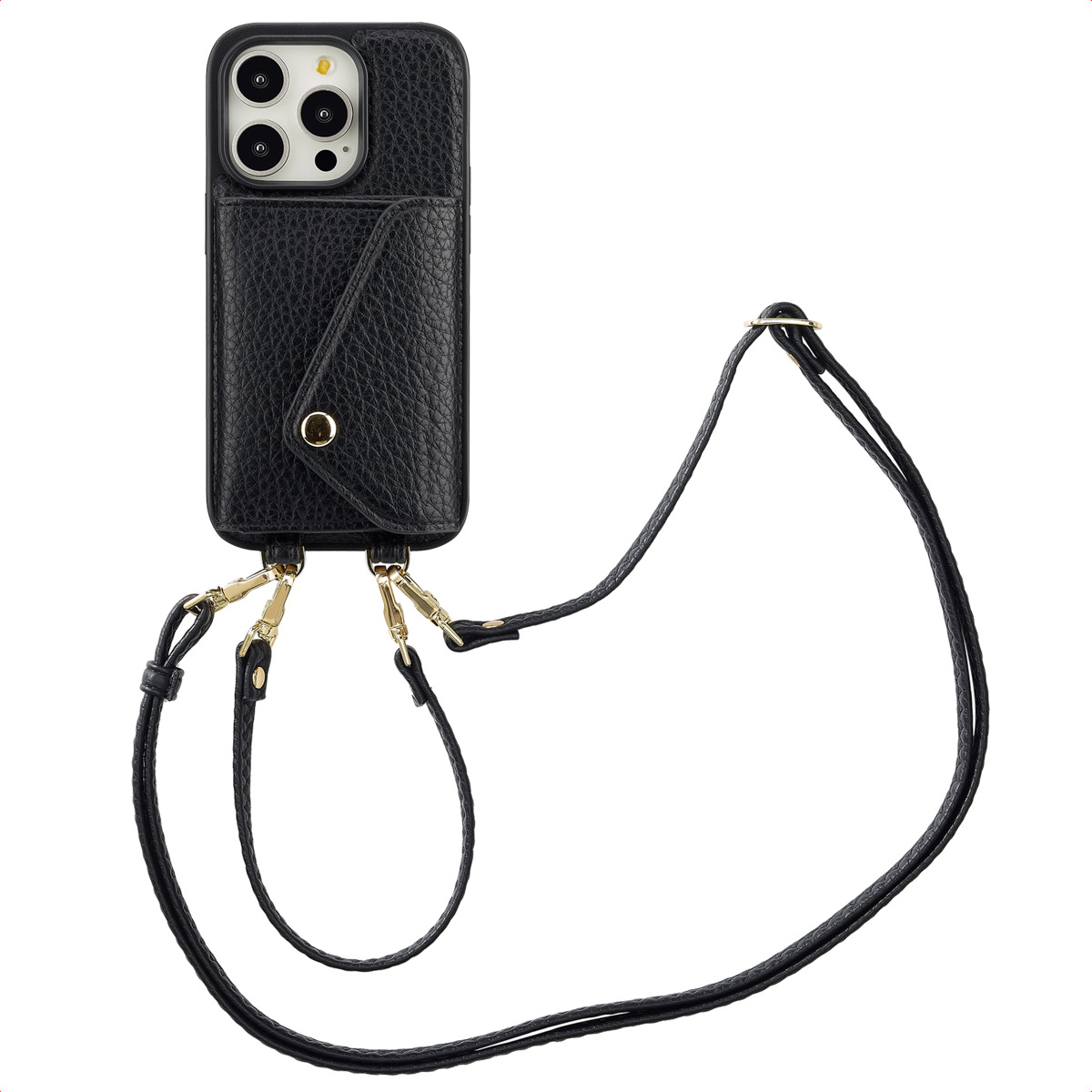 Étui de téléphone noir avec téléphone et lanière. L'étui a un rabat et des éléments dorés.