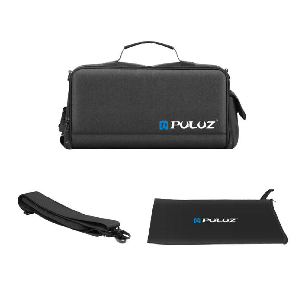 Schwarze Tasche, Schulterriemen und Beutel. Alle mit 'PULUZ'-Logo. Weißer Hintergrund.