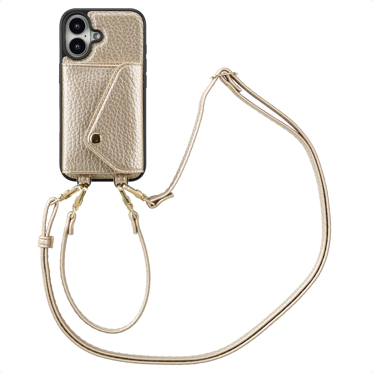 Gouden telefoonhoesje met riem. Hoesje heeft een portemonnee-ontwerp.