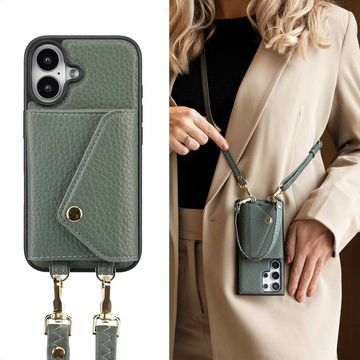 SELENCIA Coque avec lanière compatible avec iPhone 16 Étui de Téléphone voor Apple iPhone 16 Vert