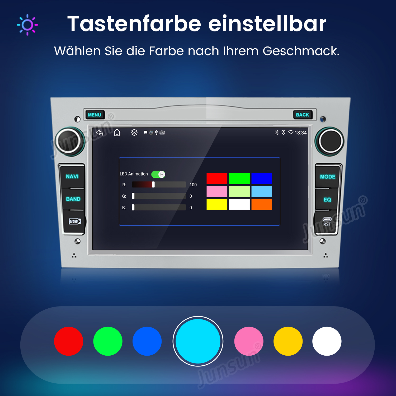 Autoradio mit Bildschirm und farbigen Knöpfen. Text: Tastenfarbe einstellbar.
