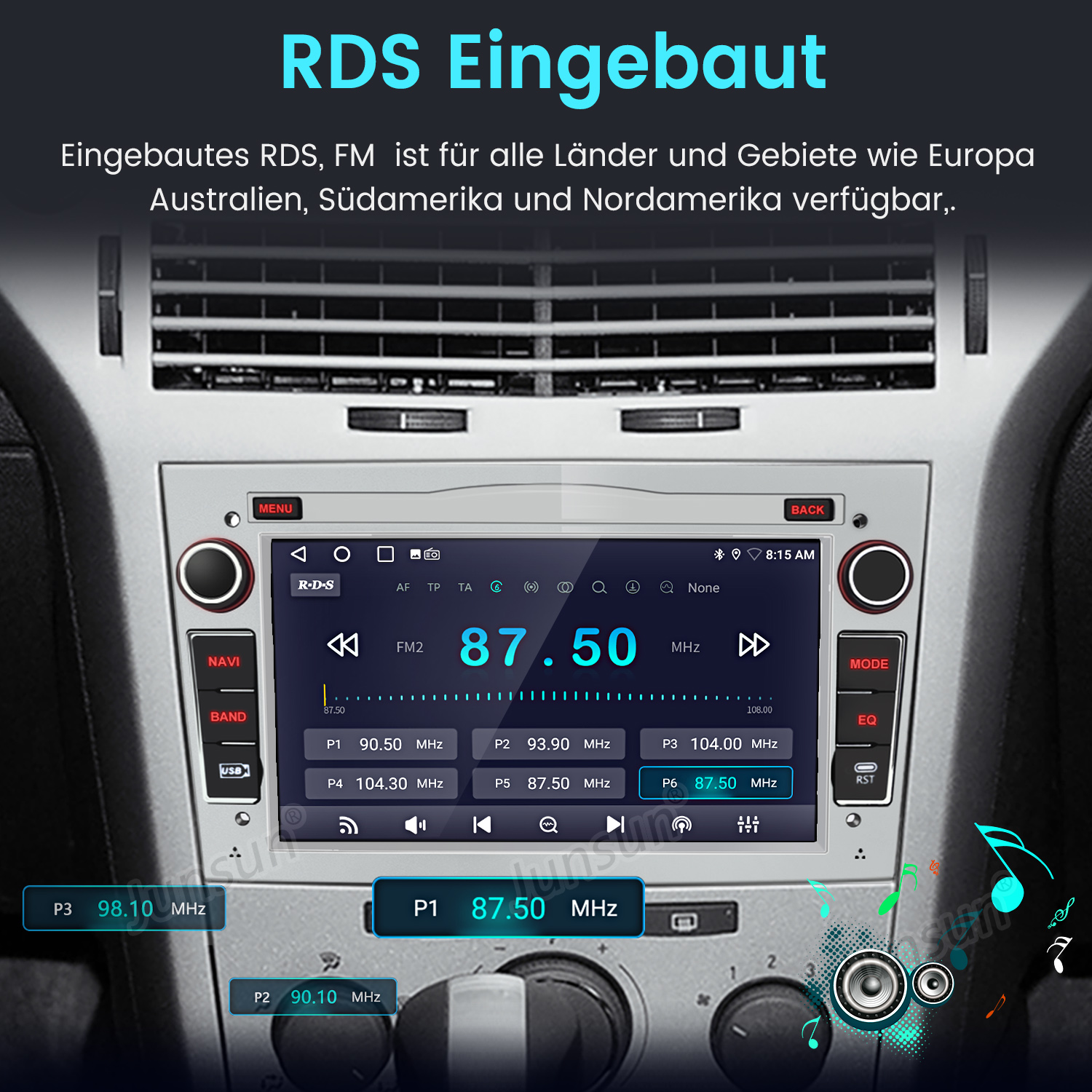 Das Autoradio-Display zeigt die RDS-Funktion mit Details zu Radiosendern und Frequenzen.
