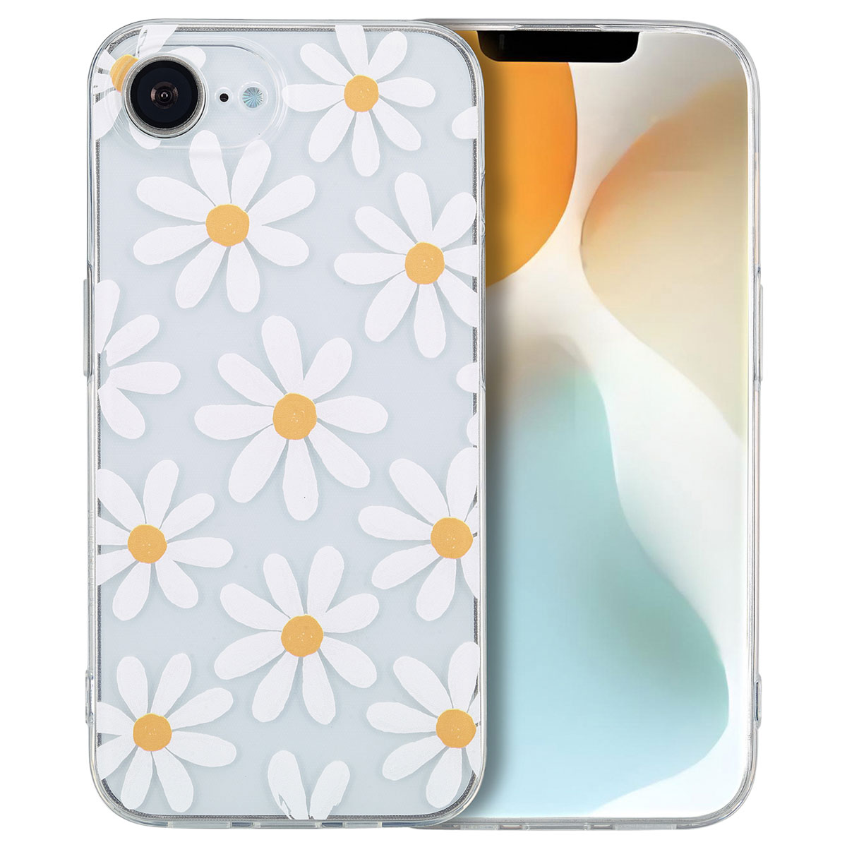 Transparente Handyhülle mit einem Gänseblümchenmuster. Das Telefon befindet sich rechts und zeigt das Design der Hülle.