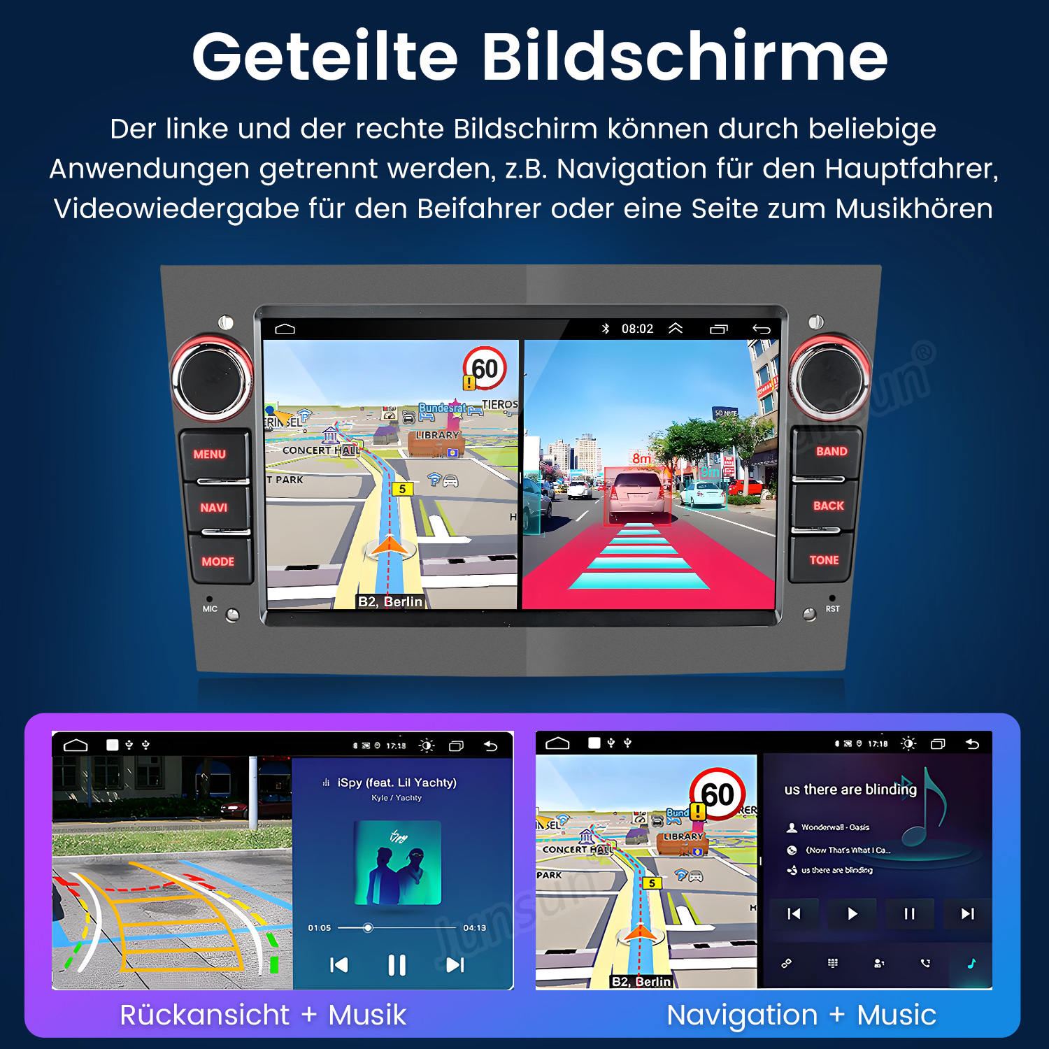 Autoradio-Bildschirm, der Navigations- und Musikinformationen anzeigt. Der Bildschirm zeigt verschiedene Schnittstellen.