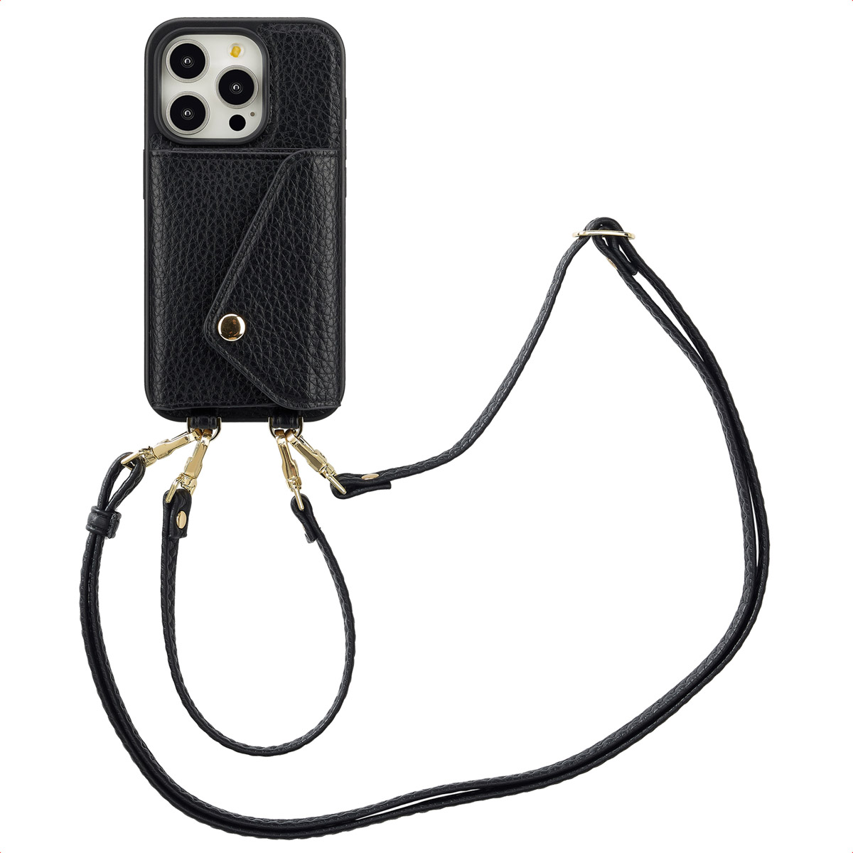 Étui de téléphone noir avec sangle. Étui beige avec sangle beige.
