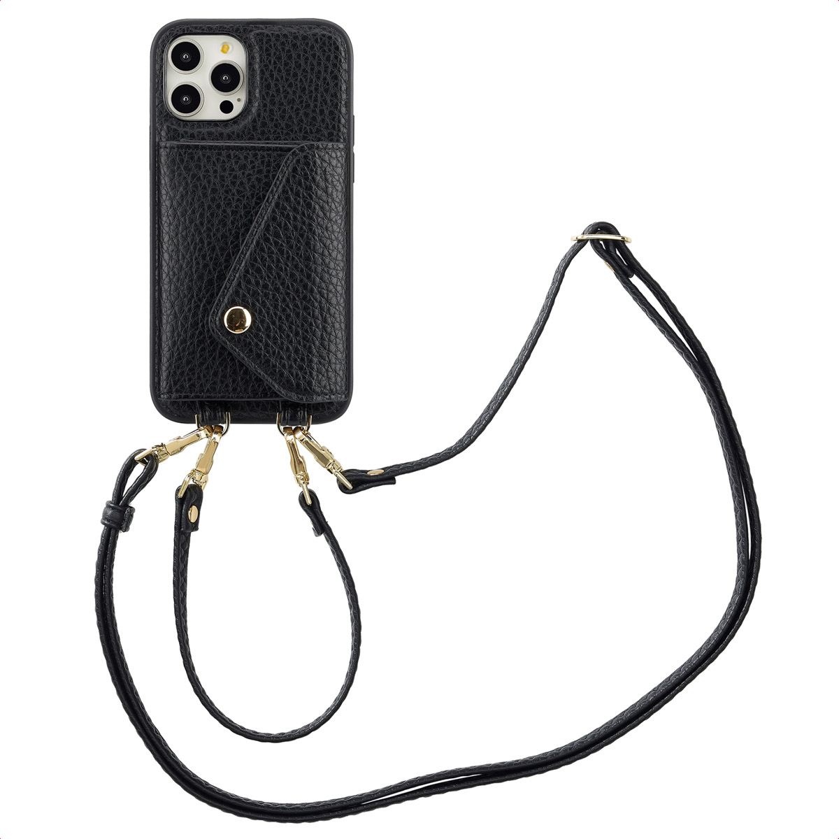 Zwarte telefoonhoes met een riem. De telefoonhoes heeft een zak en is open om de telefoon te laten zien.
