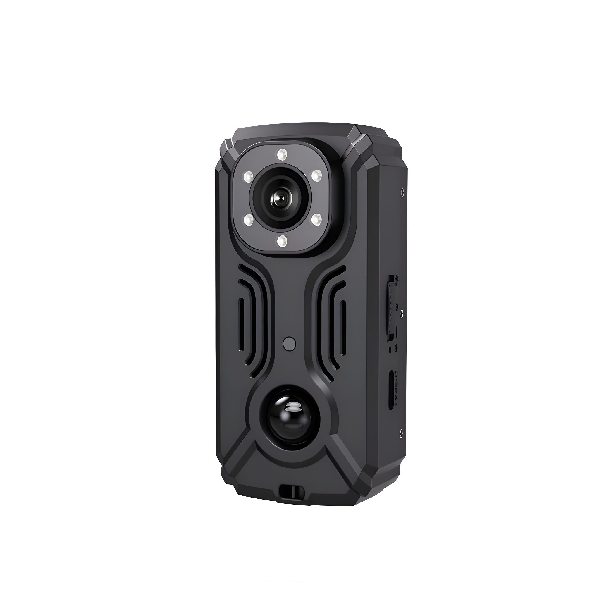 Schwarze Bodycam mit Objektiv und Knöpfen. Vorderansicht, weißer Hintergrund.