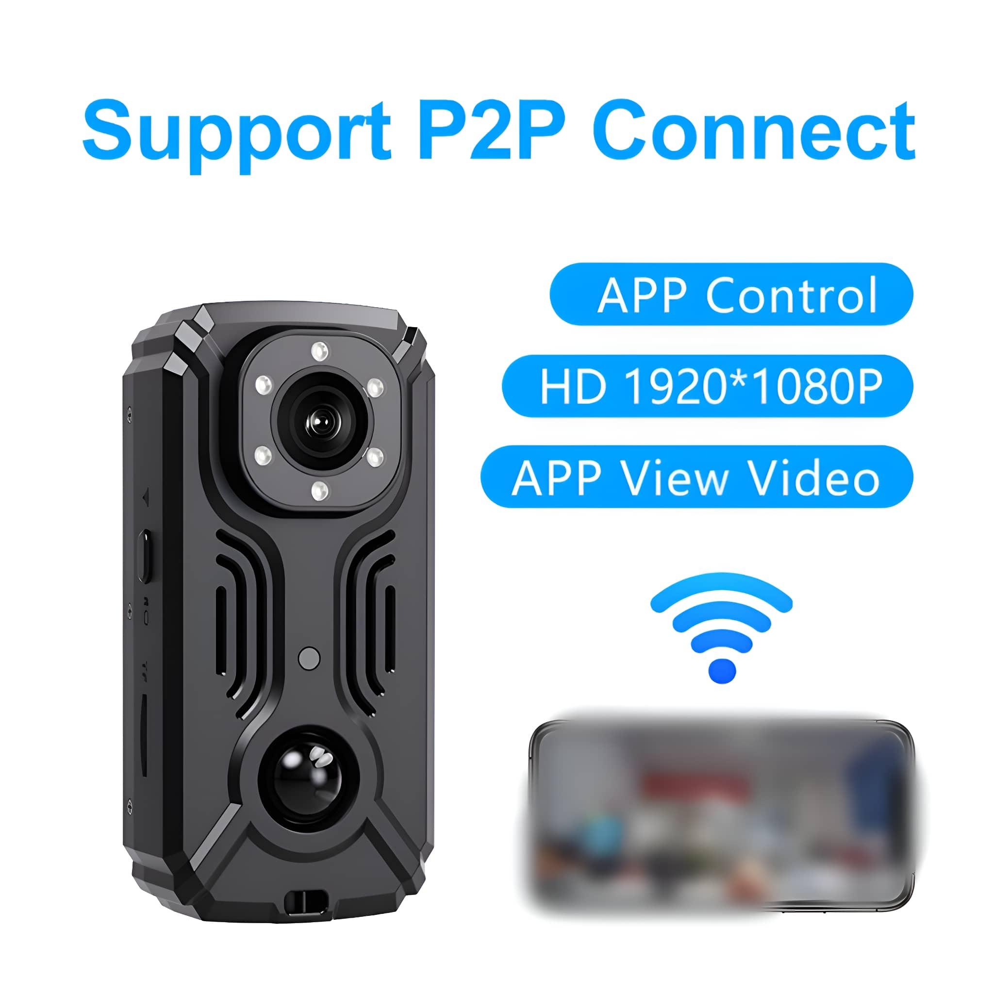 Schwarze Überwachungskamera mit WLAN-Symbol und Text zu P2P und App-Steuerung.